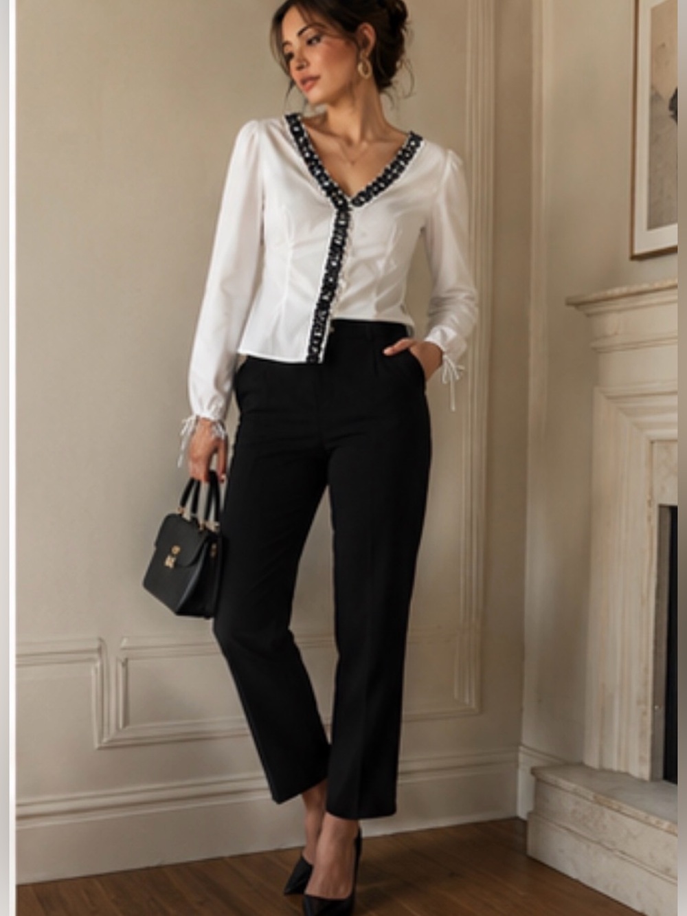 Milly Size 6 White Black Appliqué Trim V-Neck Button Blouse - Picture 3 of 7
